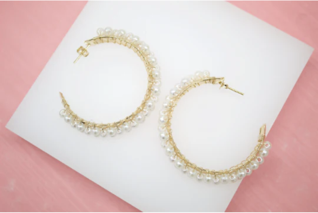 Gold Filled Pearl Hoop Earrings. Glamorous Pearl Earrings. Pearl Earrings with Glamor 